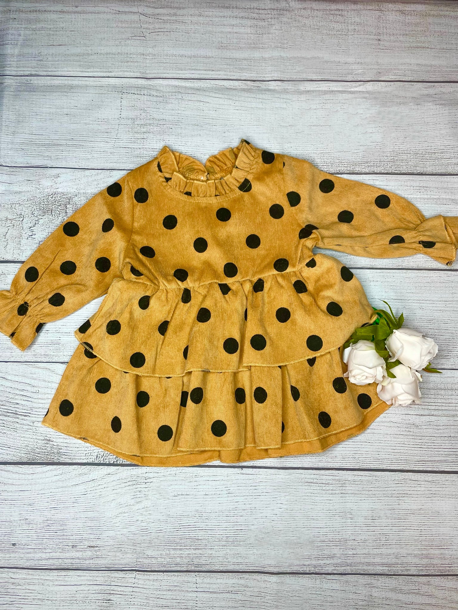 “Evelyn” Polka Dot Corduroy Long Sleeve Dress